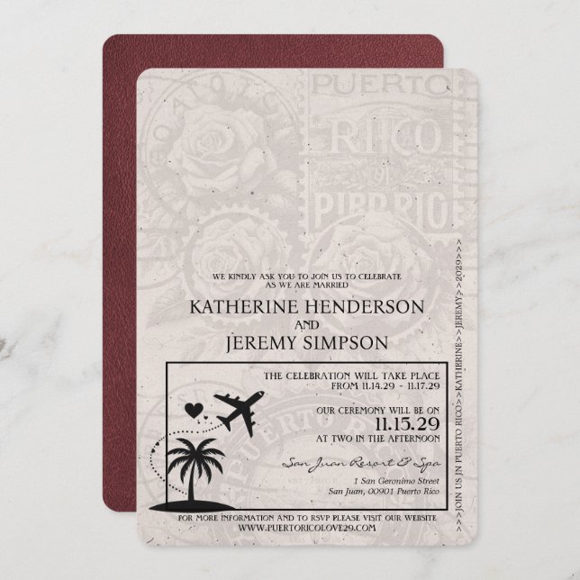 Burgundy Puerto Rico Passport Hochzeit Einladung (Vorne/Hinten)