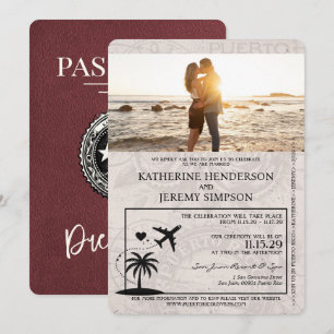 Burgundy Puerto Rico Passport Hochzeit Einladung