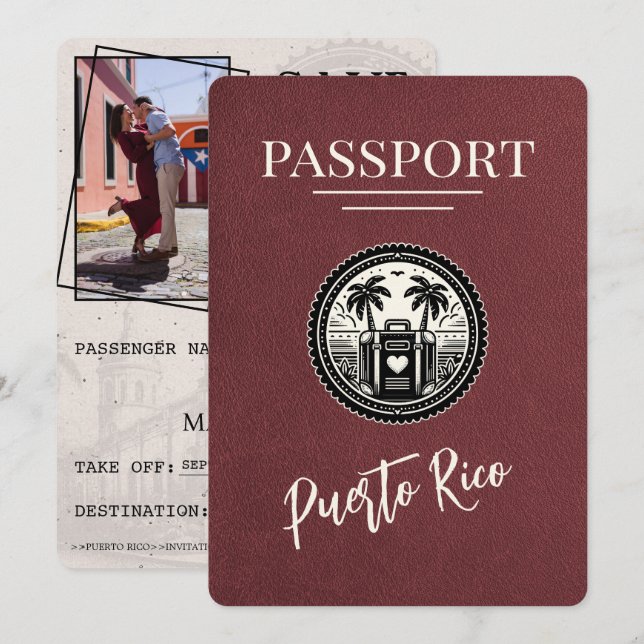 Burgundy Puerto Rico Passport Save The Date (Vorne/Hinten)