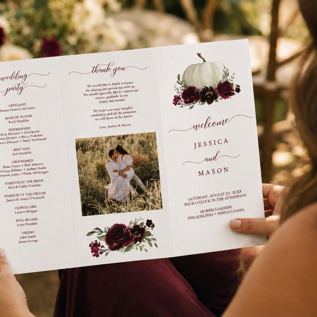 Burgundy Pumpkin Fall Tri-Fold Hochzeitsprogramm (Von Creator hochgeladen)