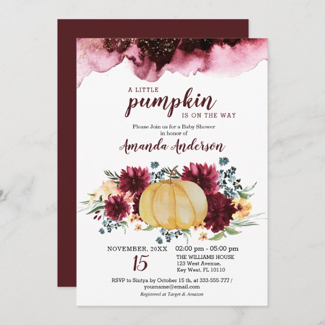 Burgundy Pumpkin Rustic Baby Shower Einladung (Vorne/Hinten)