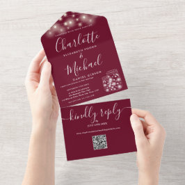 Burgundy QR Code Mason Jars String Lights Hochzeit All In One Einladung