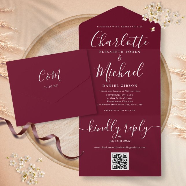 Burgundy QR Code Script Minimalistische Hochzeit All In One Einladung (Burgundy QR Code Script Minimalist Wedding All In One Invitation)