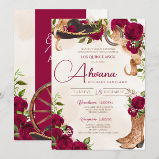 Burgundy Quinceanera Rose Vintag Charro Western Einladung