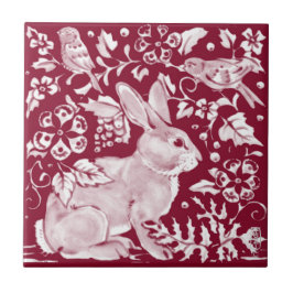 Burgundy Rabbit Bunny Birds Floral Dedham Delft Fliese