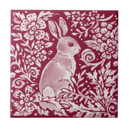 Burgundy Rabbit Bunny Woodland Floral Art Fliese
