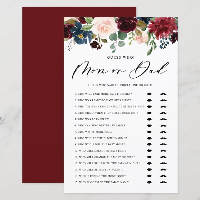 Burgundy Ratgeber, wer Mama oder Vater Baby Showsp (Vorne/Hinten)