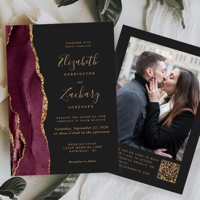 Burgundy Red Agate Dark Foto QR Code Wedding Einladung (Von Creator hochgeladen)