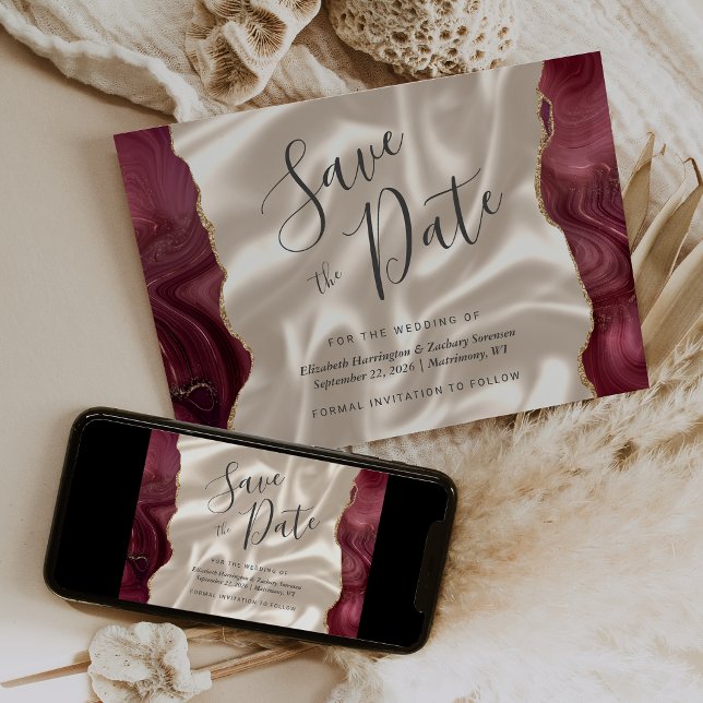 Burgundy Red Agate Ivory Silk Save the Date Einladung (Von Creator hochgeladen)