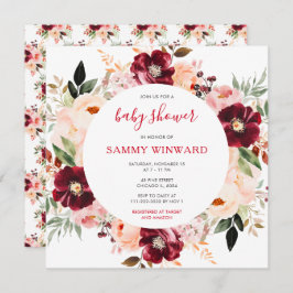 Burgundy Red and Blush Pink Floral Baby Shower Einladung