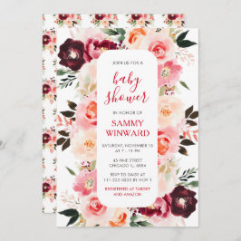 Burgundy Red and Blush Pink Floral Baby Shower Einladung