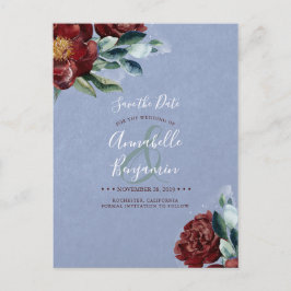 Burgundy Red and Dusty Blue Floral Save the Date Ankündigungspostkarte