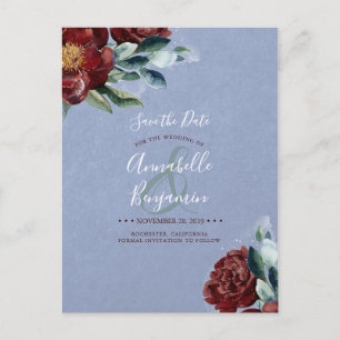 Burgundy Red and Dusty Blue Floral Save the Date Ankündigungspostkarte