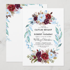 Burgundy Red and Dusty Blue Floral Wedding Einladung