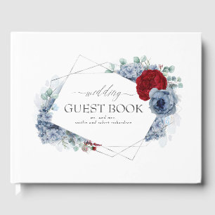 Burgundy Red and Dusty Blue Floral Wedding Gästebuch