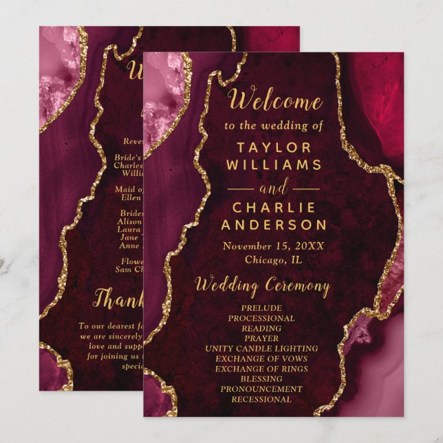 Burgundy Red and Gold Agate Wedding Program Programm (Vorne/Hinten)