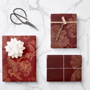 Burgundy Red and Gold Damask Weihnachten Geschenkpapier Set