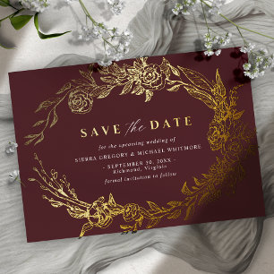 Burgundy Red and Gold Luxe Floral Save the Date Folieneinladung