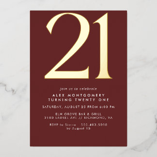 Burgundy Red and Gold | Luxe Maroon 21. Geburtstag Folieneinladung