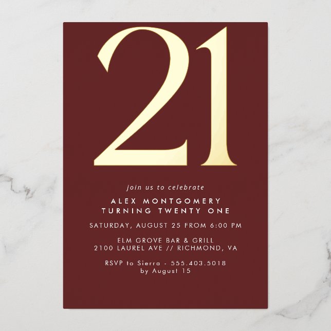 Burgundy Red and Gold | Luxe Maroon 21st Birthday Folieneinladung (Vorderseite)