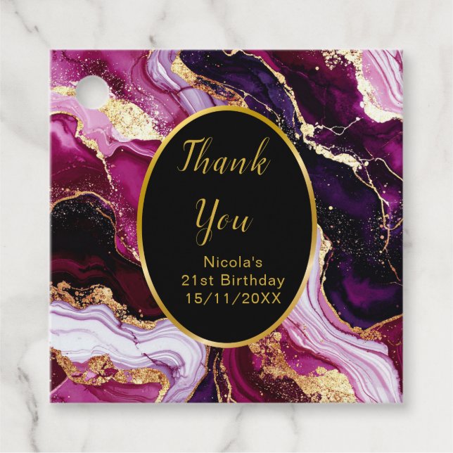 Burgundy Red and Gold Marble Agate Birthday Party Geschenkanhänger (Vorderseite)