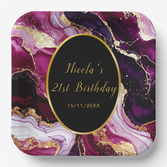 Burgundy Red and Gold Marble Agate Birthday Party Pappteller (Vorderseite)