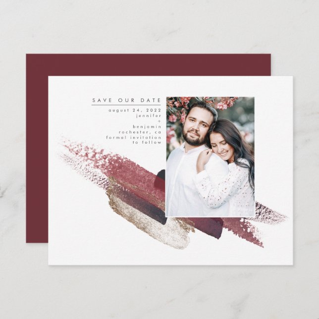 Burgundy Red and Gold Modernes Save the Date Foto (Vorne/Hinten)