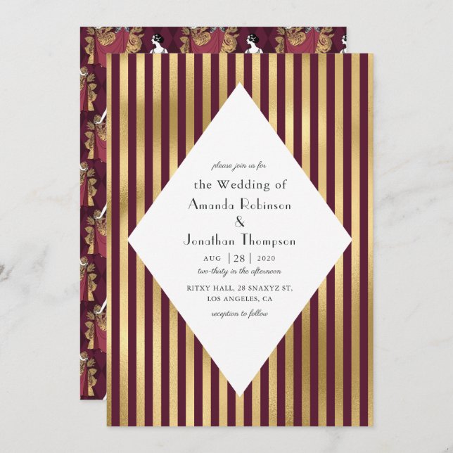 Burgundy Red and Gold Paris Art Deco Wedding Einladung (Vorne/Hinten)