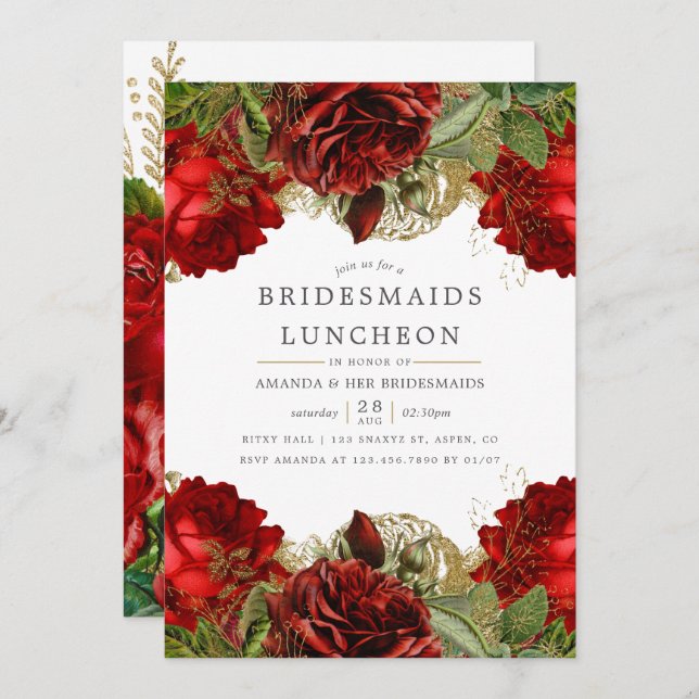 Burgundy Red and Gold Vintag Bridesmaids Luncheon Einladung (Vorne/Hinten)