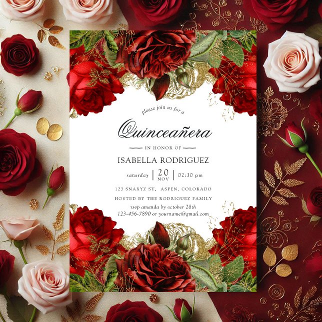 Burgundy Red and Gold Vintage Rose Quinceañera Einladung (Burgundy Red and Gold Vintage Roses Quinceañera Invitation)