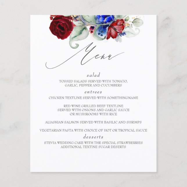 Burgundy Red and Navy Blue Wedding Menu Flyer (Vorne)