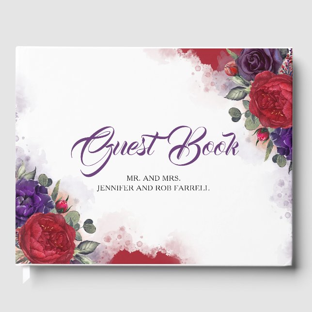 Burgundy Red and Plum Lila Floral Wedding Gästebuch (Vorderseite)