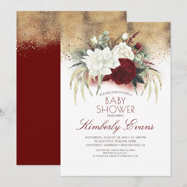 Burgundy Red and White Floral Elegant Baby Dusche Einladung (Vorne/Hinten)