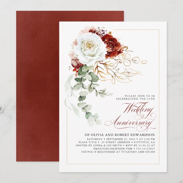 Burgundy Red and White Floral Wedding Anniversary Einladung (Vorne/Hinten)