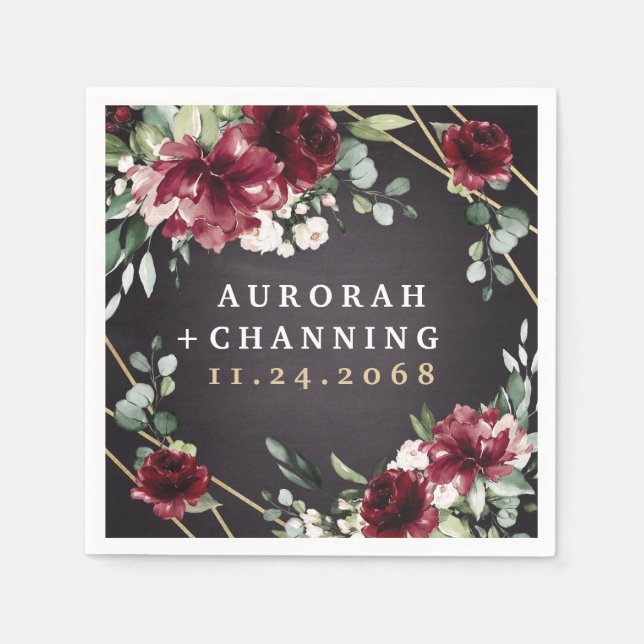 Burgundy Red Black and Gold Floral Elegante Hochze Serviette (Vorderseite)