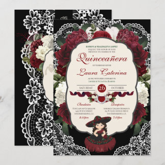 Burgundy Red Black Floral Elegantes Ambiente Einladung