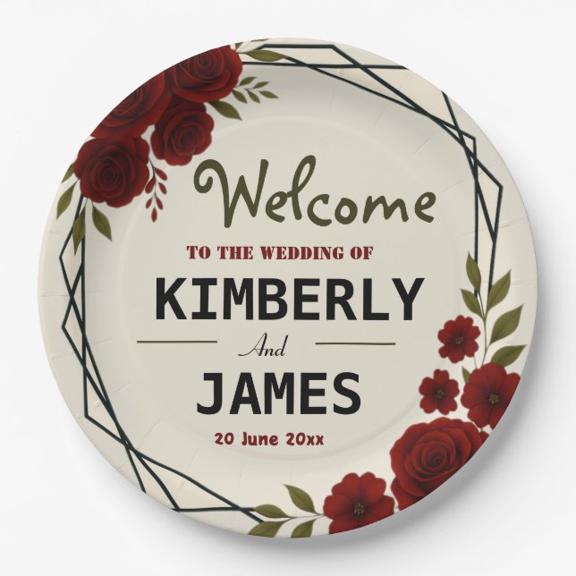 Burgundy Red & Black Geometric Wedding Modern  Pappteller (Vorderseite)