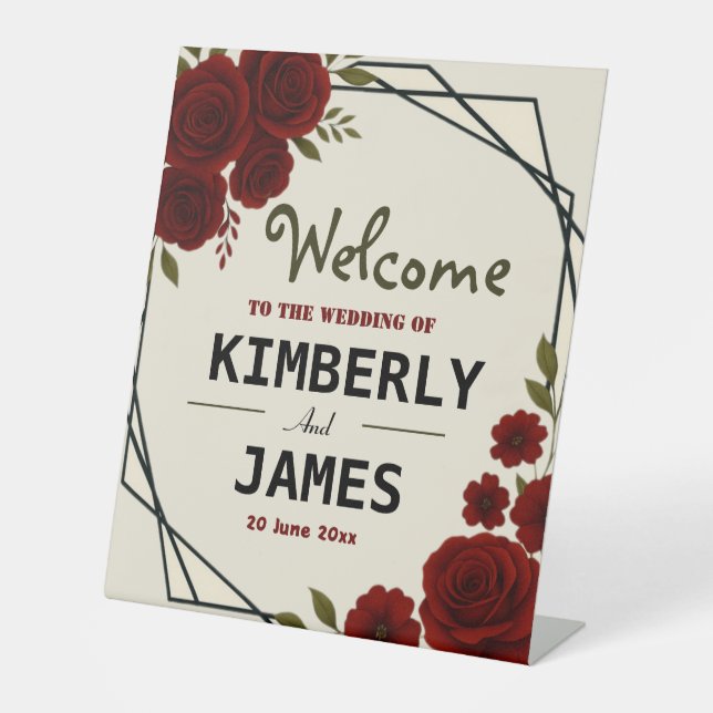 Burgundy Red & Black Geometric Wedding Modern  Sockelschild (Vorderseite)