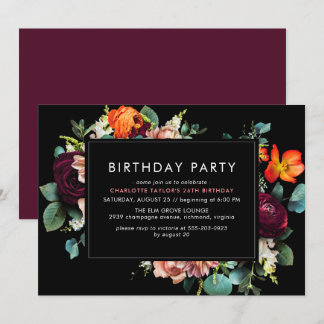 Burgundy Red + Black | Moody Dark Floral Birthday Einladung
