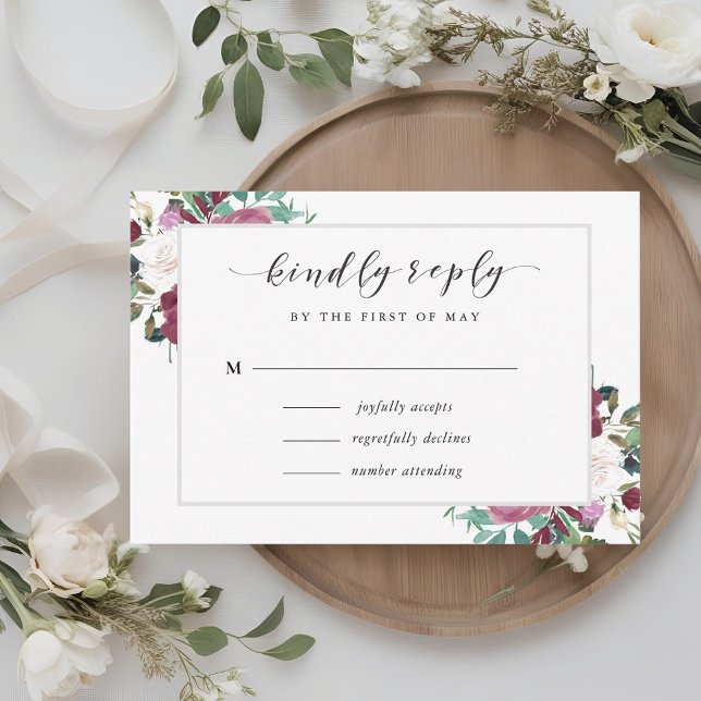 Burgundy Red Blooms Boho Wedding RSVP Karte (Von Creator hochgeladen)