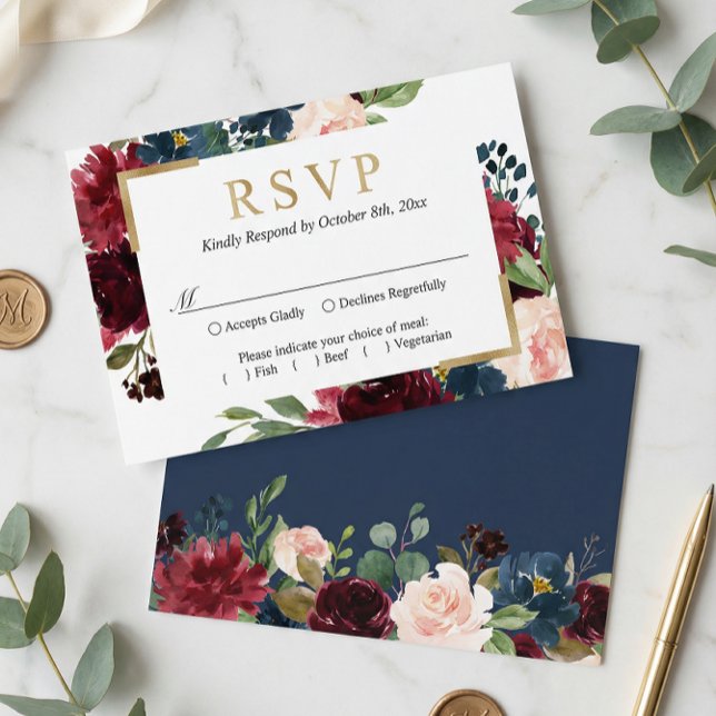 Burgundy Red Blue Blush Bloral Wedding RSVP Karte (Von Creator hochgeladen)