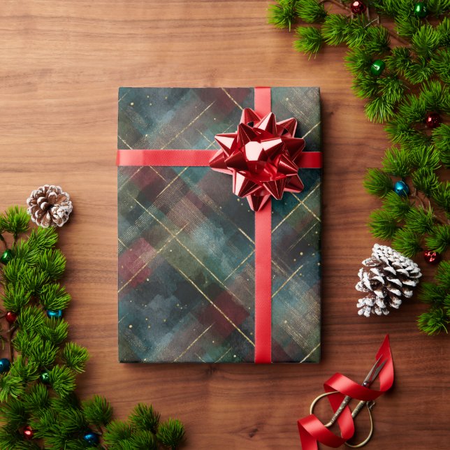 Burgundy Red Blue Green Gold Plaid Christmas Geschenkpapier (Feiertagsgeschenk)