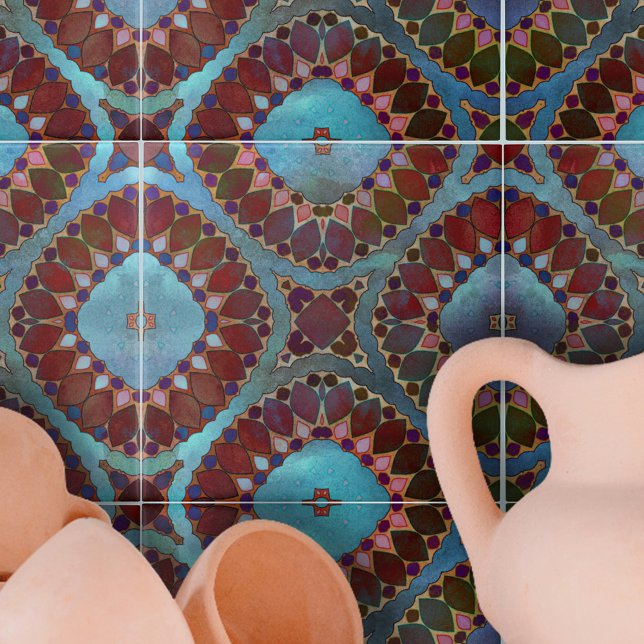 Burgundy Red Blue Symmetric Geometric Petals Fliese (Von Creator hochgeladen)