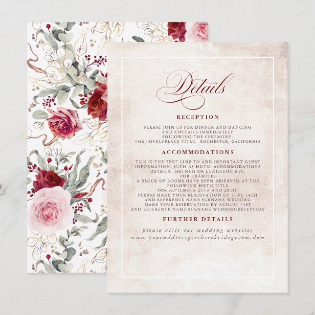 Burgundy Red Blume Elegant Boho Hochzeitdetails Begleitkarte (Vorne/Hinten)