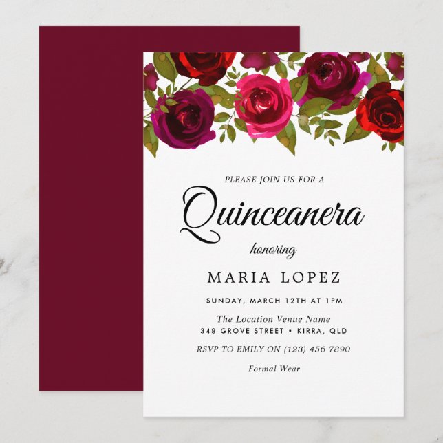 Burgundy Red Blume Elegante Quinceanera Einladung (Vorne/Hinten)