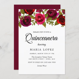 Burgundy Red Blume Elegante Quinceanera Einladung