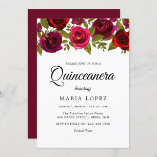 Burgundy Red Blume Elegante Quinceanera Einladung