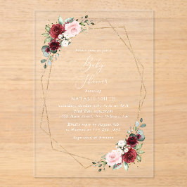 Burgundy Red Blume, Rosa Blume, Babydusche Acryleinladungen