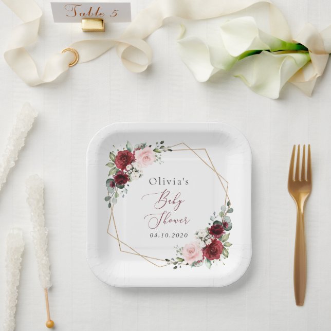 Burgundy Red Blume, Rosa Blume, Babydusche Pappteller (Hochzeit)