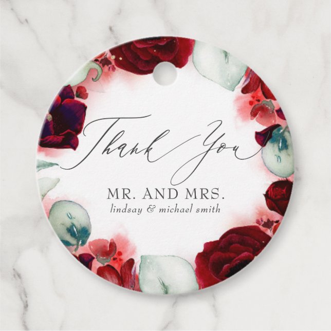 Burgundy Red Blume Wedding Danke Geschenkanhänger (Vorderseite)